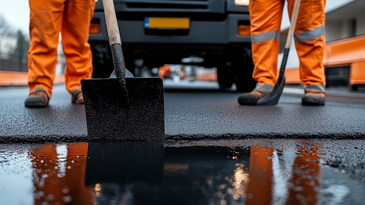 Close-up view of an asphalt milling machine in action, with a worker in safety gear standing nearby, illustrating the expertise of A-Top Paving, DBA of Florida Paving Pros, in providing professional asphalt milling services in Palm Beach County.