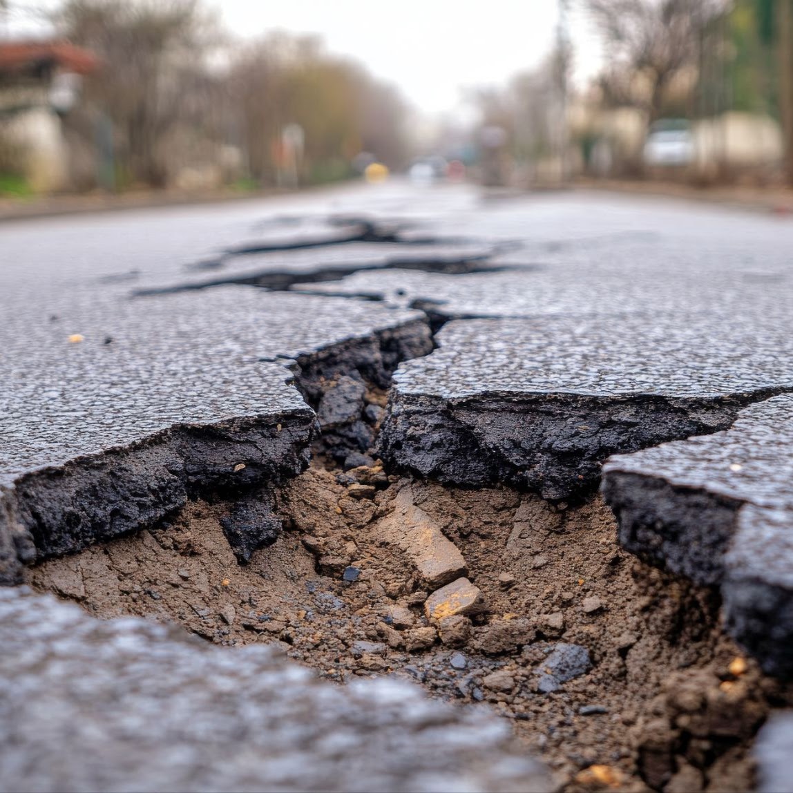 A severely damaged asphalt road with cracks and extensive wear, highlighting the need for professional asphalt repair services provided by A-Top Paving, DBA of Florida Paving Pros, in Palm Beach County.