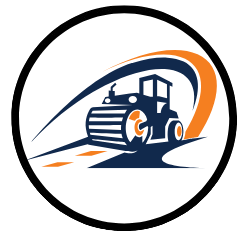  A stylized road paver in navy blue and orange, shown in profile with dynamic curved lines suggesting motion showcasing the commitment and professionalism of A-Top Paving, DBA Florida Paving Pros as the premier asphalt services provider in Palm Beach County.