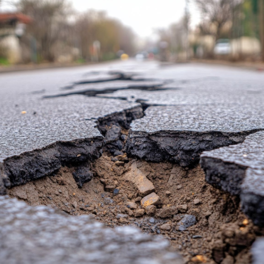 A severely damaged asphalt road with cracks and extensive wear, highlighting the need for professional asphalt repair services provided by A-Top Paving, DBA of Florida Paving Pros, in Palm Beach County.