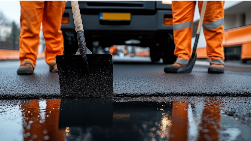 Two workers in safety gear holding shovels, standing near a paving vehicle during an asphalt resurfacing project, showcasing the professionalism and expertise of A-Top Paving, DBA of Florida Paving Pros, in Palm Beach County.